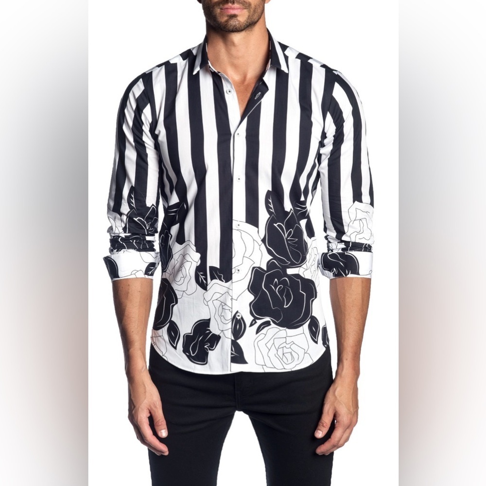 Jared Lang After Hours Trim Fit Stripe Floral Print Sport Shirt Size XL